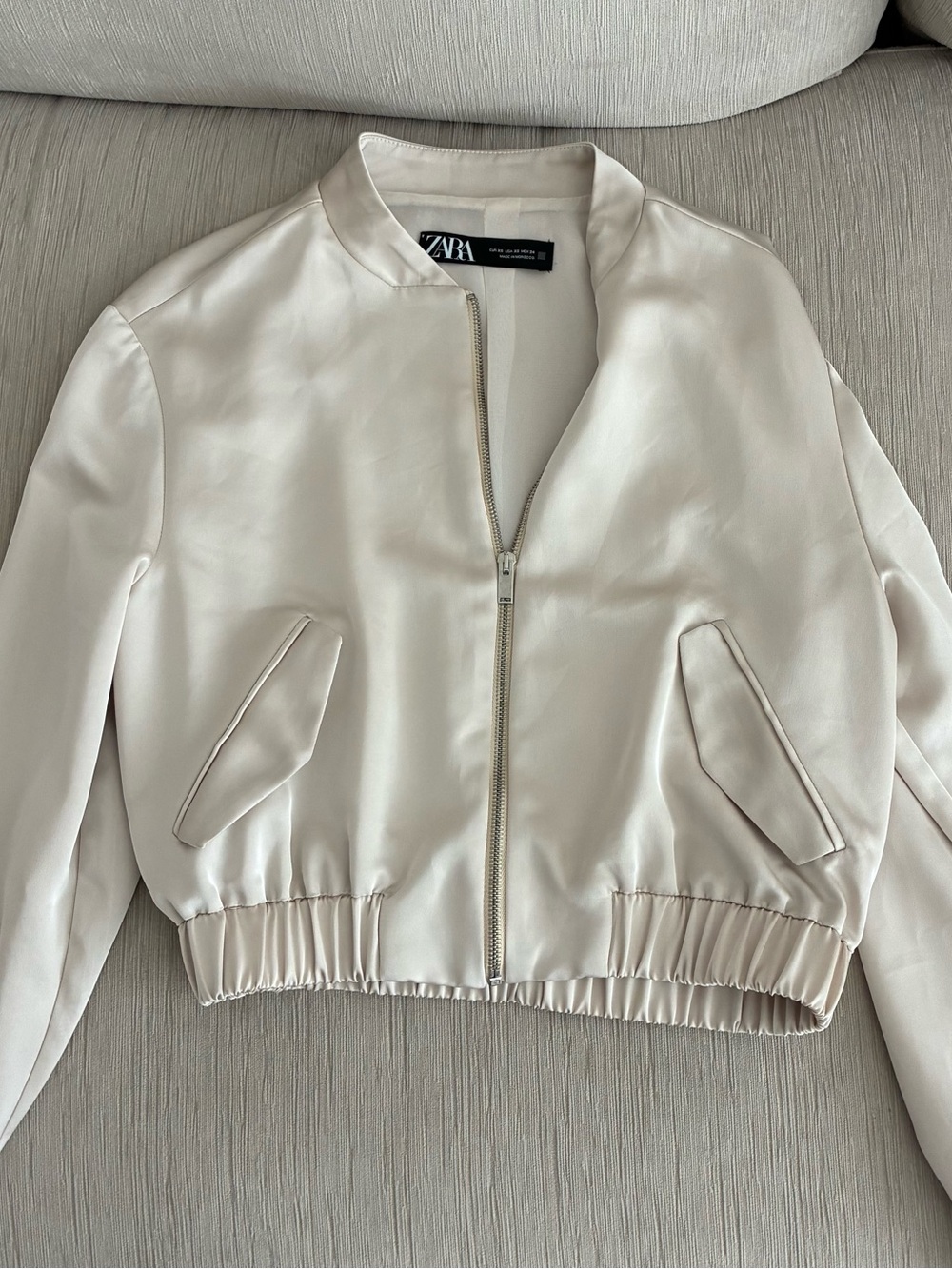 Zara Cream Satin Bomber Jacket with Zip